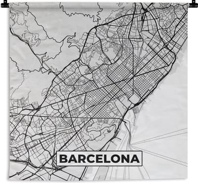 Wandkleed - Wanddoek - Barcelona - Stadskaart - Plattegrond - Zwart Wit - Kaart - 180x180 cm - Wandtapijt