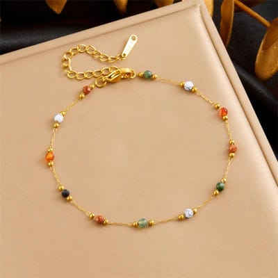 Bracelet à Perles de Couleur Naturelle en Acier Inoxydable 316L pour Femme Nouvelle Tendance Concise 2024 Bijou de Main Doré Inaltérable Cadeau 25.5cm beige