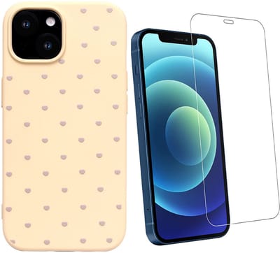 Hoesje en Glas Geschikt voor iPhone 11 - Geel - Casemania Stevige Siliconen Back Cover met Hartjes Print - 1x Glazen Screenprotector