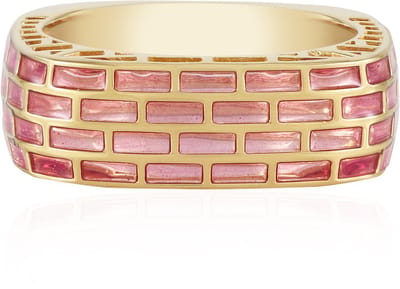 Cavill - Brede Zilveren Ring Dames - 925 Sterlingzilver Verguld - Roze Emaille Baksteenpatroon - Elegante Modieuze Statement Ring - Maat 17 18 19