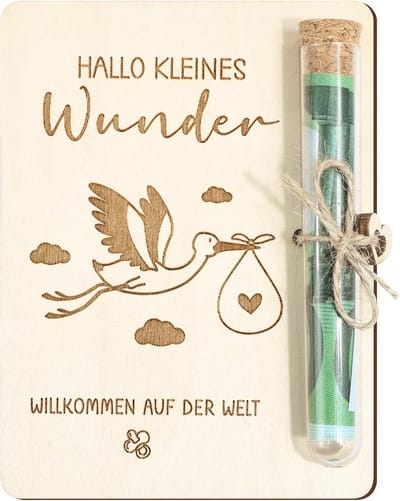 Uniek Baby Geboorte Cadeau in Hout - Geldgeschenk verpakking met Reageerbuisjes