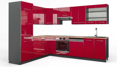 Vicco Hoekkeuken Fame-Line, Bordeauxrode hoogglans/Antraciet, 287 x 227 cm, WB Eik