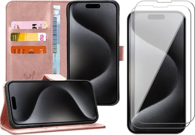 Hoesje geschikt voor iPhone 15 Pro - 2x Screen Protector GlassGuard - Book Case Kunstleer Pasjeshouder Rosegoud & Screenprotector