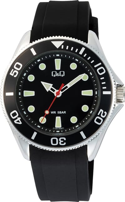 Q&Q C72A-005VY - Horloge - Polshorloge - Analoog - Heren - Mannen - Siliconen band - Rond - Metaal - Stippen - Strepen - Zwart - Zilverkleurig - LichtGroen