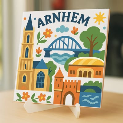 Tegeltje Arnhem - 15×15 cm – Keramiek – Decoratief Souvenir – Inclusief Transparante Houder / Ezel – Cadeau - Tegeltjes met tekst