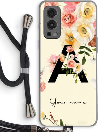 Gepersonaliseerd - Case Company® - Hoesje met koord geschikt voor OnePlus Nord 2 5G hoesje met Koord - Flirty Flowers Monogram - Telefoonhoesje met Zwart Koord - Bescherming aan alle Kanten en Over de Schermrand