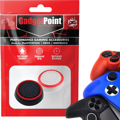 Gadgetpoint - Thumb Grips voor PlayStation, PS5, Xbox X/S, One & Switch Pro Controller - Gaming Thumbgrips - Performance Anti-Slip Thumbsticks - Bescherming Accessoires - Wit Rood/Zwart Rood