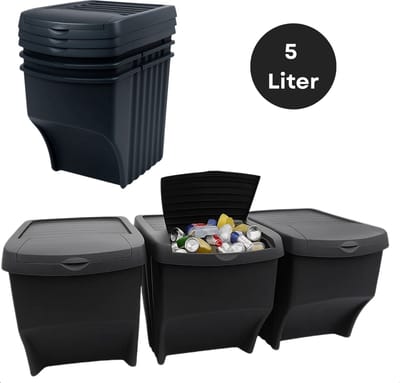 Lomera Stapelbare Afvalbakken - Recycle Prullenbakken - Zwart Kunststof - Afval Scheiden - Set Van 3 met Klepdeksel - Ruimtebesparend Ontwerp - Inclusief Stickervel - Afvalbak Set