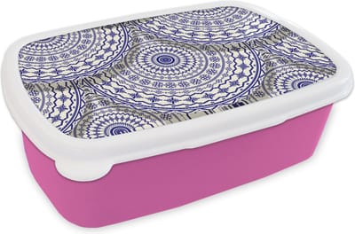 Broodtrommel Roze - Lunchbox - Brooddoos - Design - Delfts Blauw - Patronen - 18x12x6 cm - Kinderen - Meisje