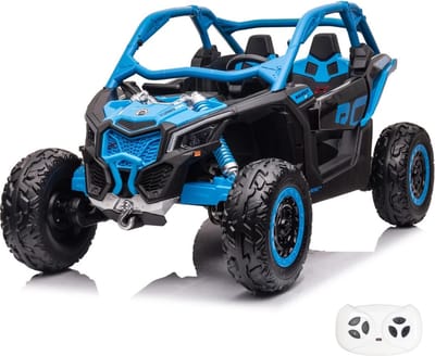 Can-Am Maverick X3 Full Option Elektrische Kinderauto 2 tot 7 jaar – Officieel Gelicentieerde 24V Buggy (2-zits) met 4x4 Aandrijving & Schokdempers – 2-Persoons met Bluetooth, 3-puntsgordels & EVA Banden – Blauw