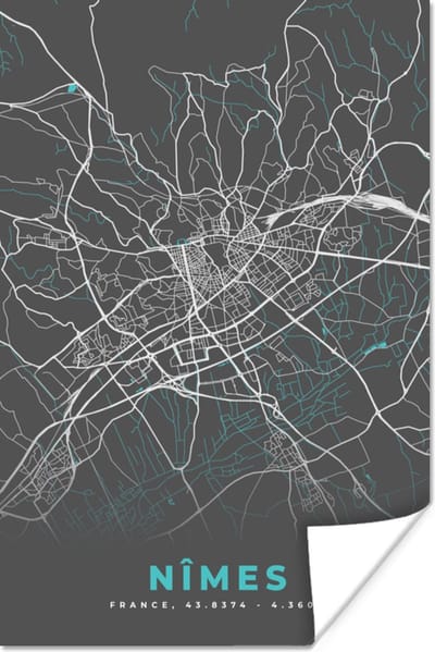Poster Frankrijk - Stadskaart - Kaart - Plattegrond - Nîmes - 120x180 cm XXL