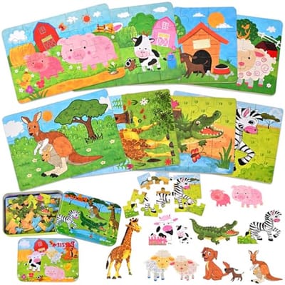 Houten Puzzels - Dierenpuzzels Kinderen - Educatief Spel - 8 Verschillende Dieren - 112 Stukjes - Multicolor