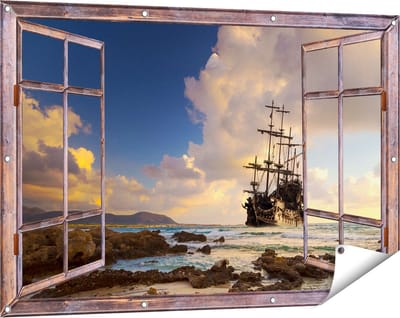Gards Tuinposter Doorkijk Piratenschip aan de Kust bij Zonsondergang - 120x80 cm - Tuindoek - Tuindecoratie - Wanddecoratie buiten - Tuinschilderij