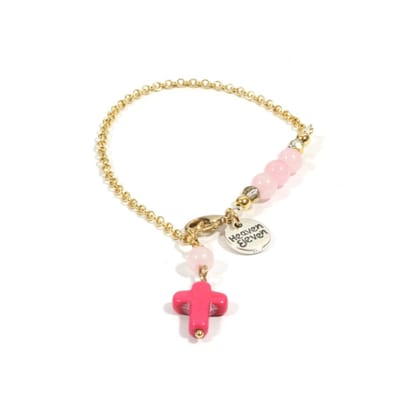Heaven Eleven - dames armband - Ibiza - goudkleurig plating schakel 2mm - natuursteen - Rozenkwarts - pink kruisje - 18cm