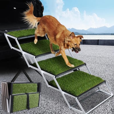 Dailygoods - 4-traps hondentrap voor auto, opvouwbare hondentrap voor grote honden, extra brede antislip kunstgrasoppervlak telescopische draagbare hondenramp voor auto's, SUV, vrachtwagens, ondersteunt