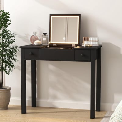 Kaptafel met Spiegel - Bureau Tafel - Make-up Opbergen - Verlichte Klapspiegel - 83.8 x 40 x 74.5 cm - Zwart