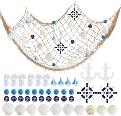Dailygoods - Visnet decoratieset, 2 m x 1 m, katoenen visnet met schelp, zeilboot, roei, anker en niet-markerende haken voor huisdecoratie, strandfeesten, bruiloften