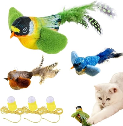 Set van 3 stuks - Simulatie vogel katten speelgoed - Bijtbestendig hangend katten speelgoed - Interactieve set met veren en kattengras