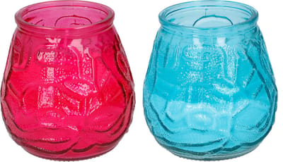 Arti Casa 4x stuks Citronella Lowboy tafelkaarsen 10 cm blauw en rood glas