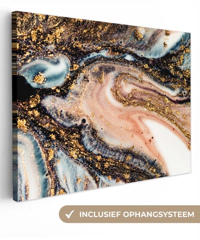 Canvas schilderij 80x60 cm - Wanddecoratie Marmerlook - Goud - Zwart - Glitter - Chic - Muurdecoratie woonkamer - Slaapkamer decoratie - Kamer accessoires - Schilderijen op canvas