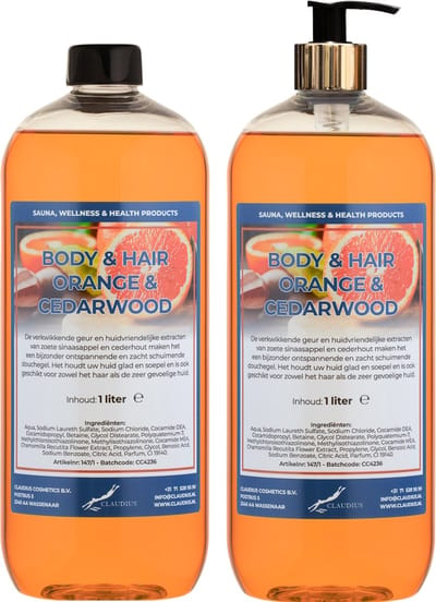 Body & Hair Sweet Orange & Cedarwood 1 liter met gouden pomp - set van 2 stuks - 2 in 1 voor lichaam en haar - voordeelverpakking