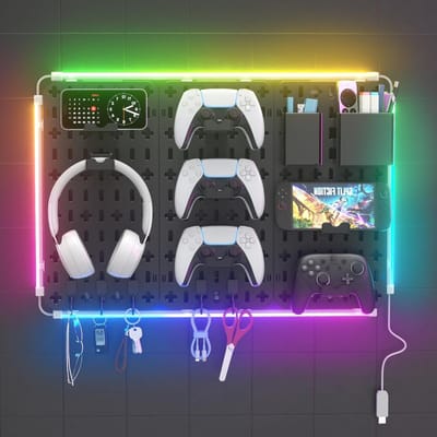 Plugboard Combinatie Kit voor Gaming met Telefoonhouder, Pennenhouder, Hoofdtelefoon- en Controllerhouder, Beugels en Verwijderbare Perforatiedeken voor Werkplaats en Kantoor