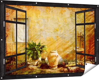 Gards Tuinposter Doorkijk Oude Stenen Muur - 150x100 cm - Tuindoek - Tuindecoratie - Wanddecoratie buiten - Tuinschilderij