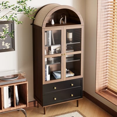 MODENUIT Dressoir - Gebogen Glaskast Met Verstelbare Planken - Voor Woonkamer En Hal - MDF En Glas - 70x38x165 Cm