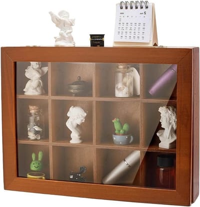 Shadow Box Display Cabinet Mini Duidelijk Houten Vitrine met 12 Slots voor Theesets, Cosmetica en Huisdecoratie - Vintage Stijl Houten Plank met Duidelijke Voorzijde 9.4" x 12.6
