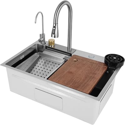 Keukenspoelbak 75 x 35 x 21 cm met waterval en afneembare kraan, roestvrijstaal, ideaal voor woningen en badkamers