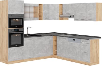 Vicco Hoekkeuken R-Line, Beton/Goudkleurig Eiken, 247 x 237 cm, WB Antraciet