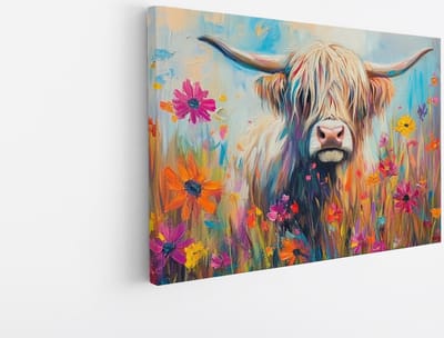 Saammp Canvas Schilderij Schotse Hooglander Koe op een rots - Dieren - Natuur - 45x30 - Foto op canvas - Wanddecoratie - muurdecoratie Woonkamer - Slaapkamer decoratie - Canvas Print