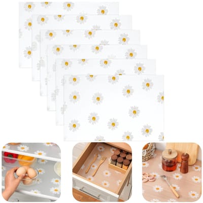 6-delige placemat – Antislipmatten – Koelkastmatten – Lade inlegmatten – Vochtwerende Schoenenkastmatten – Bureaubladbeschermers – Water en oliebestendig – Madeliefjespatroon – Voor planken, kasten, lades, koelkasten (30 x 45 cm – Transparant)