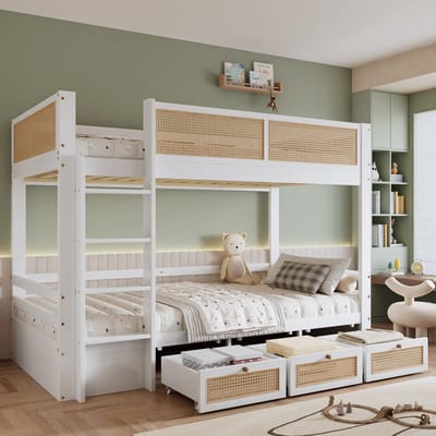 Sweiko Stapelbed - 90 x 200 cm - 3 lades - Veiligheidshek - Grenenhout + MDF - Wit + naturel