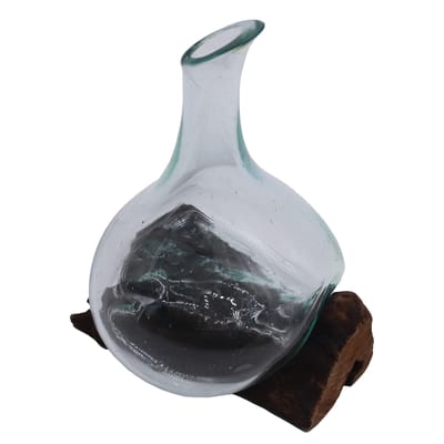 Ancient Wisdom - Decoratieve fles - Mini karaf gesmolten glas met houten voet - interieur - woonaccessoire - kunst - cadeau