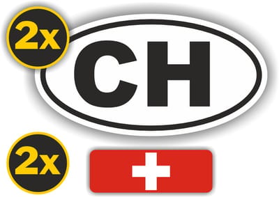 Jerma - CH -Zwitserland Vlag - Auto - Sticker - 2x ovaal 13x7 cm - 2st 7x2.5 cm - Vinyl - Zelfklevend