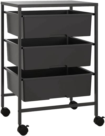 Roossentials trolley op wielen - Opbergkar - Rolwagen - Kantoor - Opbergwagen - Hulpwagen met wielen - Roltafel Met 3 manden - Zwart