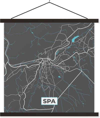 Posterhanger incl. Poster 60x60 cm - Schoolplaat - Plattegrond – Spa – Blauw – Stadskaart - Kaart - België - Textielposter - Zwarte latten - Stadskaart