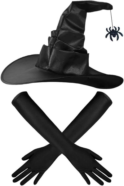 Twee-delige heksenkostuum set met hoed en lange handschoenen, ideaal voor feesten en verkleedpartijen, perfect voor volwassenen en kinderen