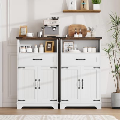 Set van 2 opbergkasten in landhuisstijl – met deuren en lades – Vrijstaande badkamerkast – Multifunctionele opbergkast voor keuken, woonkamer en slaapkamer – 102×60×30 cm – Wit
