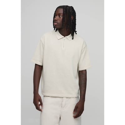 Oversized Boxy 1/4 Zip Cotton Blend Knitted Polo T-Shirt | Stone | Size XS