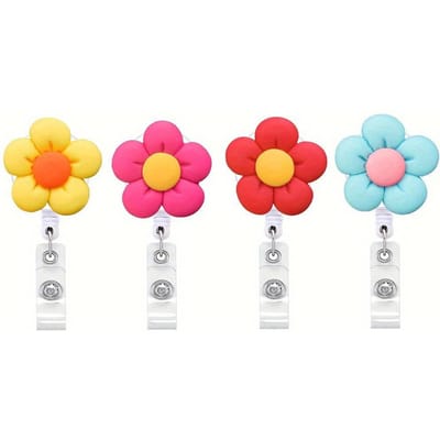 4PCS Fleurs en résine colorée bouton facile à tirer, porte-badge rétractable clip pour carte de travail, médecin et infirmière affichage de carte d'identité étiquette badge carte de personnel 4pcs
