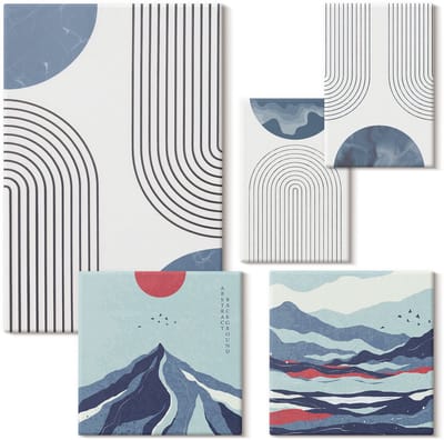 Wallfluent Set van canvas schilderijen - Abstracte landschappen met geometrische vormen en kleuren Canvas Schilderijen Set - Set van 5 Canvas Schilderijen - Blauw Set van Canvas Prints - Landschappen Canvas Kunst Set - Boheemse Canvas Kunst Set