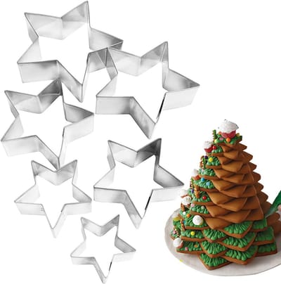 6 stuks Star Cookie Cutters, 3D kerstboom koekjessnijder, 4 juli koekjessnijders, verschillende maten roestvrij staal stervormen, mallen voor het maken van koekjesvormen fondant decoraties