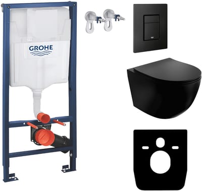 GROHE SOLIDO SINTO BLACK - Inbouwreservoir WC - Zwarte Even drukplaat - Rimless wandcloset - Toiletset Zwart