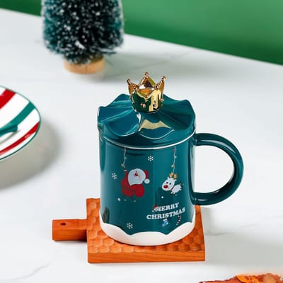 Creatieve Cartoon Kerstbeker Keramische Beker met Deksel Kerstcadeau Mok Huishoudelijke Koffiekop Waterbeker 350ml [color box]