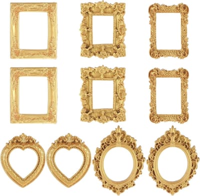 Mini Gouden Lijsten Set van 10 Stuks, Antieke Gouden Fotolijsten met Gegraveerde Randen voor Sieradenpresentatie, Interieurdecoratie en Creatieve DIY Projecten