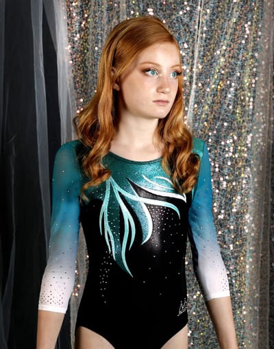 Fairysports Turnpakje Stardust lange mouwen maat 122-128 meisjes gympakje groen blauw zwart met gekleurde steentjes