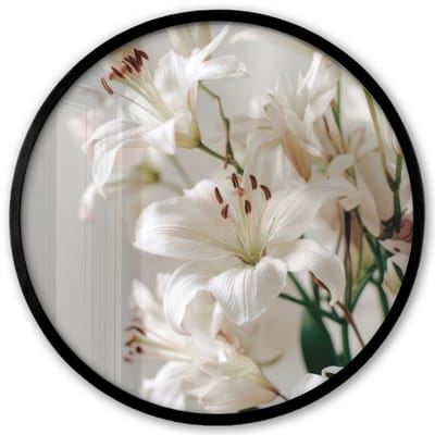 Poster in lijst Rond - Fotolijst 40x40 cm - Posters - Lelies - Boekte - Wit - Meeldraden - Ronde posterlijst zwart - Decoratie - Wanddecoratie woonkamer - Muurdecoratie slaapkamer
