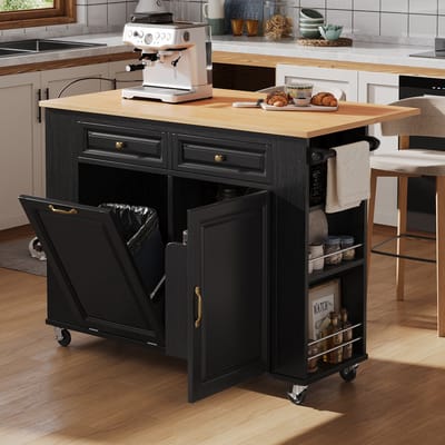 Keukeneiland op wielen - 140x70 cm - Uitschuifbare Eettafel met Afvalbakvak en Handdoekhouder - Mobiele Serveertrolley met Stopcontacten - MDF - Zwart